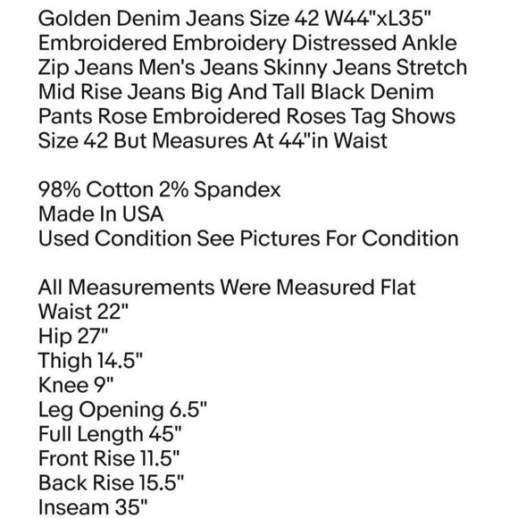 Golden Denim Jeans Size 42 W44"xL35" Embroidered Embroidery Distressed Ankle Zip - Picture 2 of 10